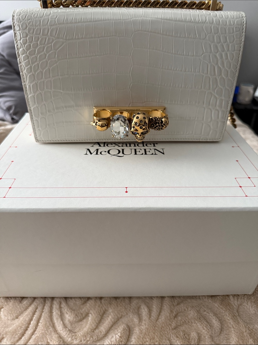 Alexander McQueen White Croc-Embossed Jewel-Embellished Chain Shoulder Bag